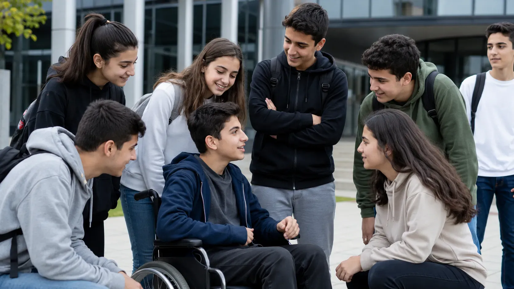 Kampüs önünde tekerlekli sandalyedeki arkadaşlarıyla sohbet eden bir grup genç